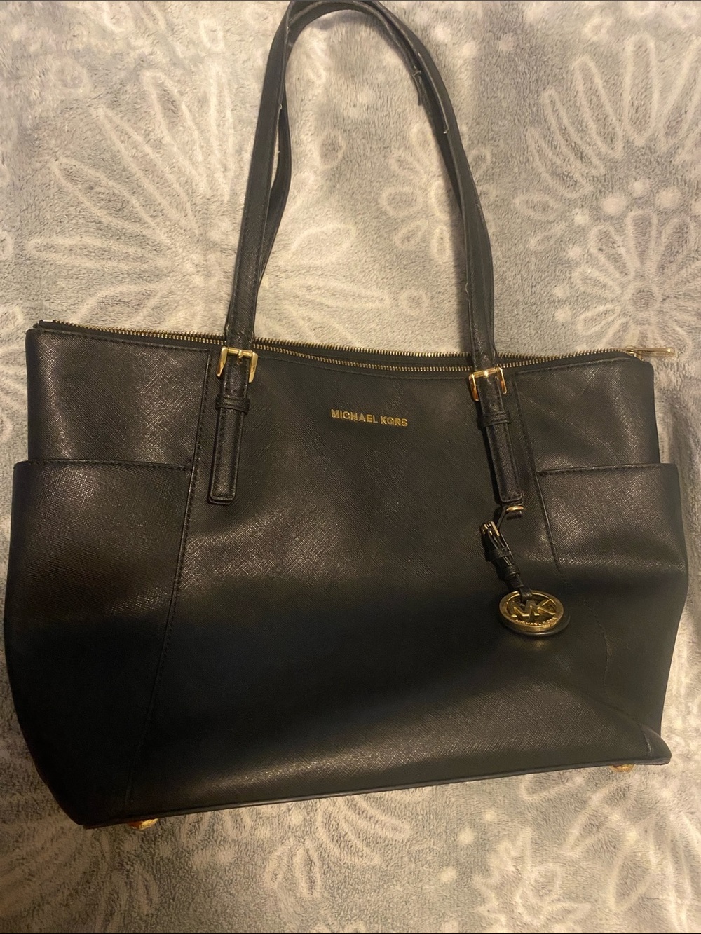 Michael Kors Black Leather Tote with Gold Accent Logo Charm